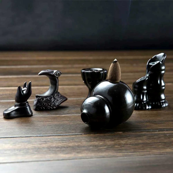 Fântâna Wu Lou, simbol feng shui de sănătate, suport de aromaterapie cu 2 conuri parfumate backflow, ceramică negru