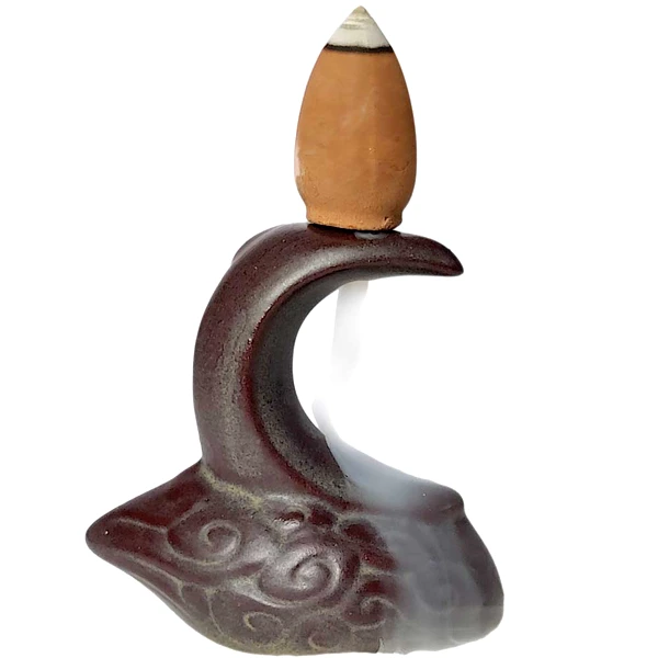 Mini fântână Semilună cu norișori, suport de aromaterapie pentru conuri backflow parfumate, ceramică 5.5 cm negru-maro