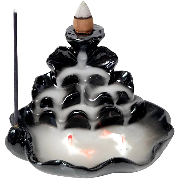 Fântână Pești, suport de aromaterapie cu 2 conuri backflow, ceramică 7.5 cm negru