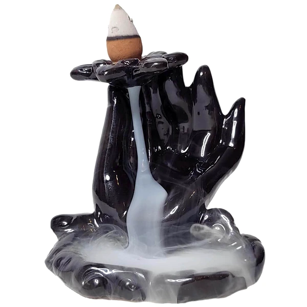Fantana Lotus în Mână, suport de aromaterapie cu 2 conuri backflow parfumate, 9 cm negru