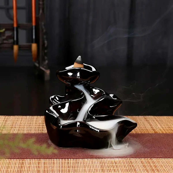 Fântână Valuri pentru conuri parfumate, suport aromaterapie cu conuri backflow, ceramică 9 cm negru