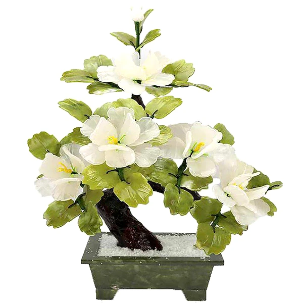 Copac decorativ Jad cu 3 bujori, floarea dragostei pure, arbore stil bonsai, flori frunze suport din piatra semipretioasa, copacel feng shui 30 cm verde