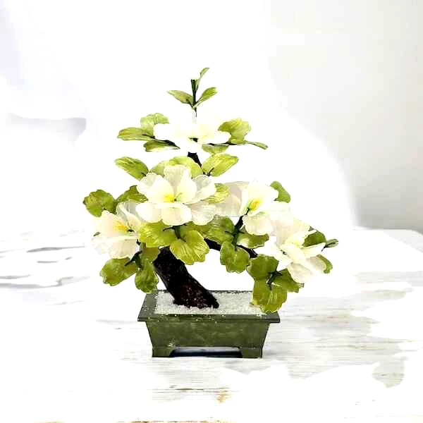 Copac pietre semipretioase Jad cu 3 bujori mari, floarea dragostei, copac feng shui 30 cm verde