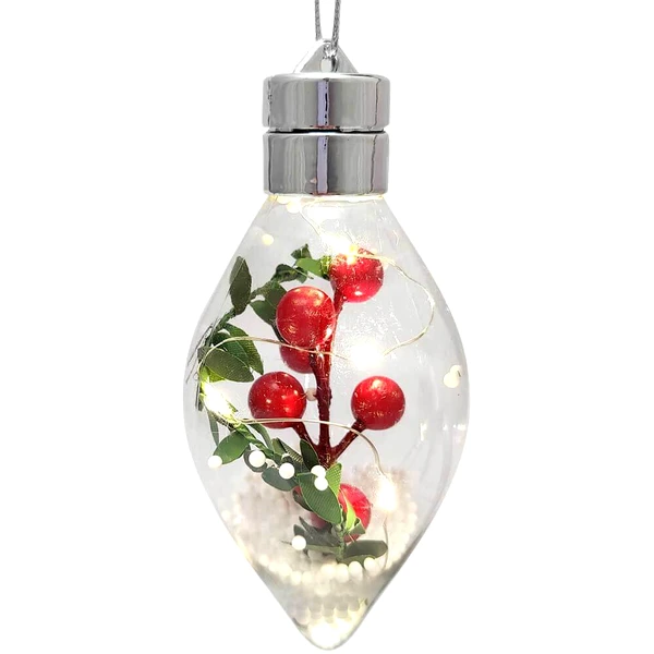 Bec decorativ Craciun led cu lumina si bobite de scorus cu zapada artificiala, 13 cm