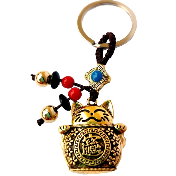 Breloc Pisica Maneki Neko, simbol de bani si protectie de rele, metal auriu