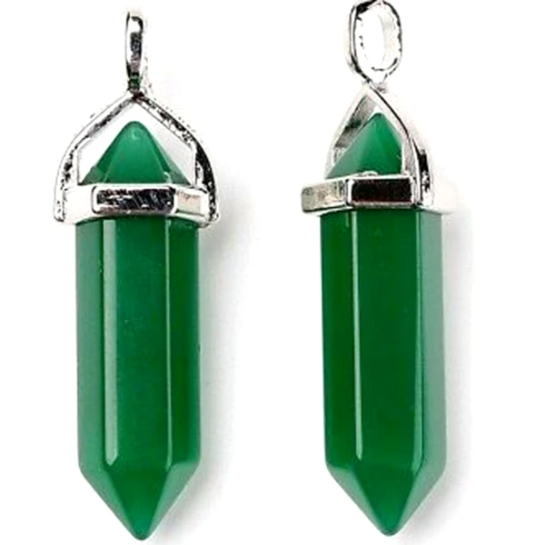 Pandantiv Jad verde, piatra armoniei în set cu lănțisor oțel inoxidabil, cristal natural hexagonal 34 mm dublu vârf 