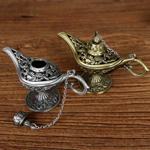 Lampa magica a lui Aladin, gravura florala sculptata in metal de calitate, obiect decor argintiu
