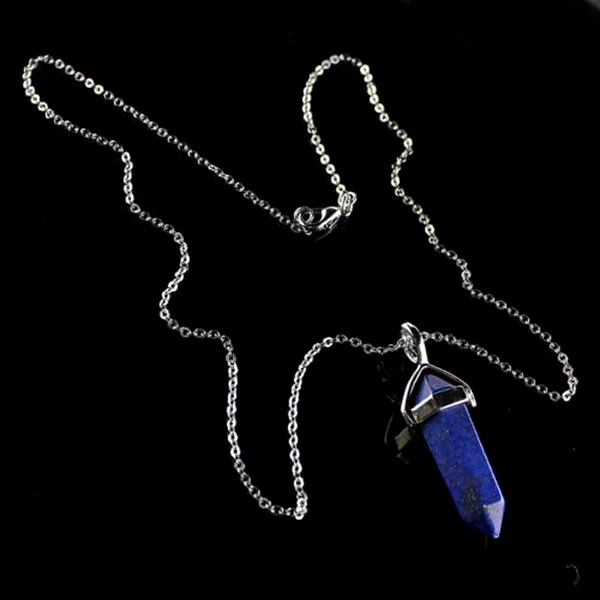 Pandantiv Lapis Lazuli, piatra intelepciunii in set cu lantisor otel inoxidabil, cristal hexagonal 34 mm albastru dublu varf