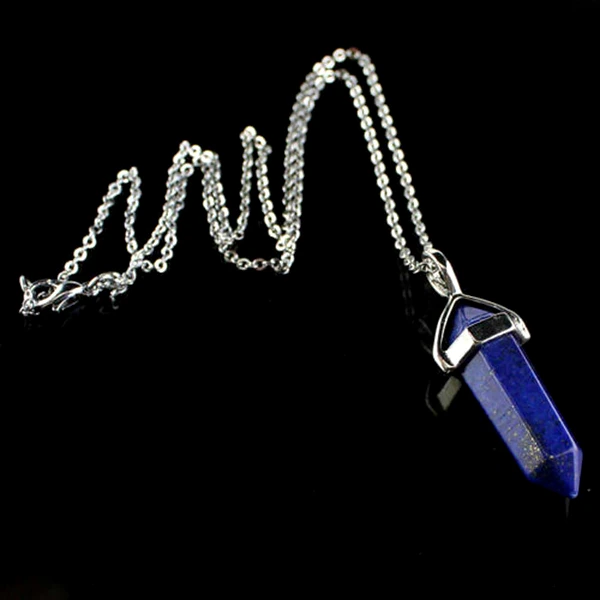 Pandantiv Lapis Lazuli, piatra adevărului în set cu lănțisor oțel inoxidabil, cristal natural hexagonal 34 mm dublu vârf albastru