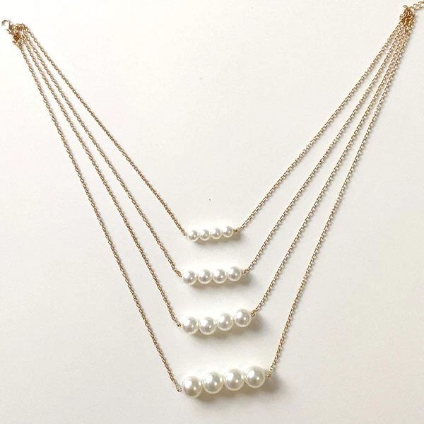 Colier perle multilayer, patru randuri de lantisoare cu perle albe