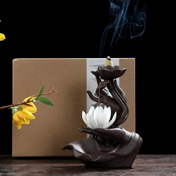 Fantana fum backflow cu floare de lotus si mana, suport conuri fumigene parfumate si betisoare, ceramica maro 