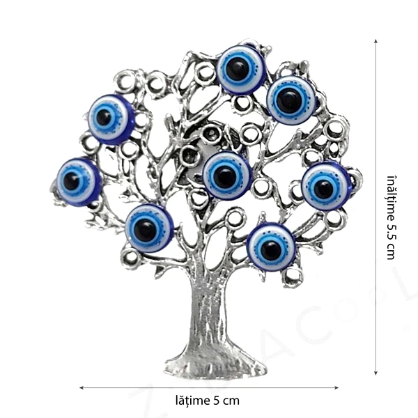 Magnet frigider copacei decorativi cu ochiul magic albastru, popular ca Ochiul Horus simbol de protectie, 5 cm argintiu