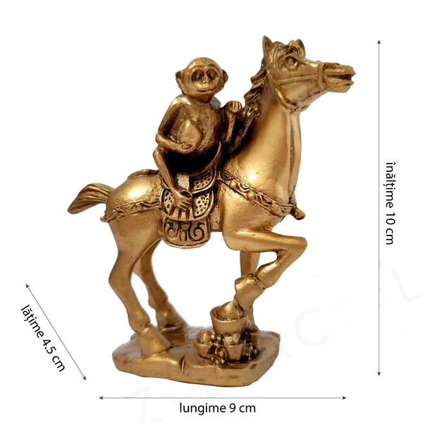 Maimuta pe cal cu piersica, obiect feng shui pentru promovare rapida in cariera si  succes in afaceri, statueta auriu