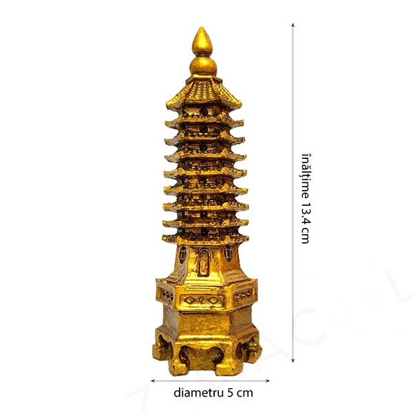 Pagoda celor 9 elemente, turnul educatiei si noroc scolar, obiect feng shui 14 cm, metal auriu