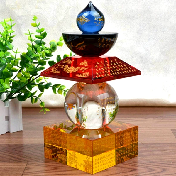 Pagoda feng shui cristal 5 elemente, 5 culori si 5 forme cu ideograme de protectie bani si de ghinioane in dragoste, cristal k9 multicolor 12 cm