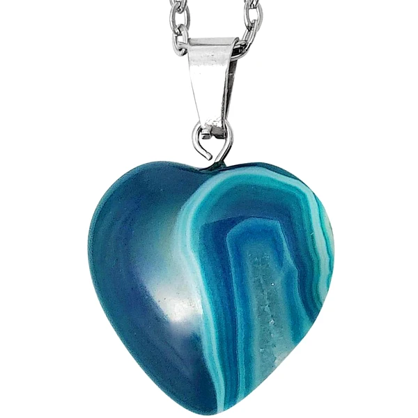 Pandantiv Agat, piatra protecției și vindecării, cristal natural în formă de inimă 2.5 cm albastru și lănțișor inoxidabil