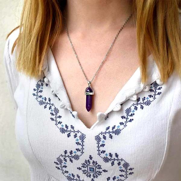 Pandantiv Jad violet, piatra fidelitatii in set cu lantisor otel inoxidabil, cristal natural hexagonal 34 mm dublu varf 