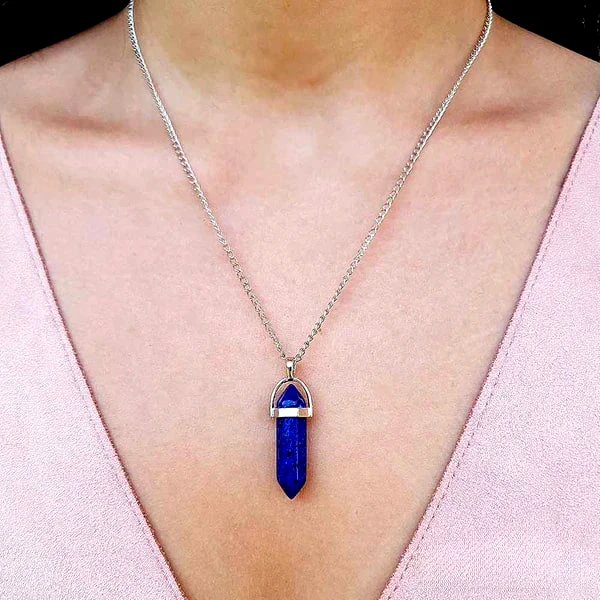 Pandantiv Lapis Lazuli, piatra adevărului în set cu lănțisor oțel inoxidabil, cristal natural hexagonal 34 mm dublu vârf albastru
