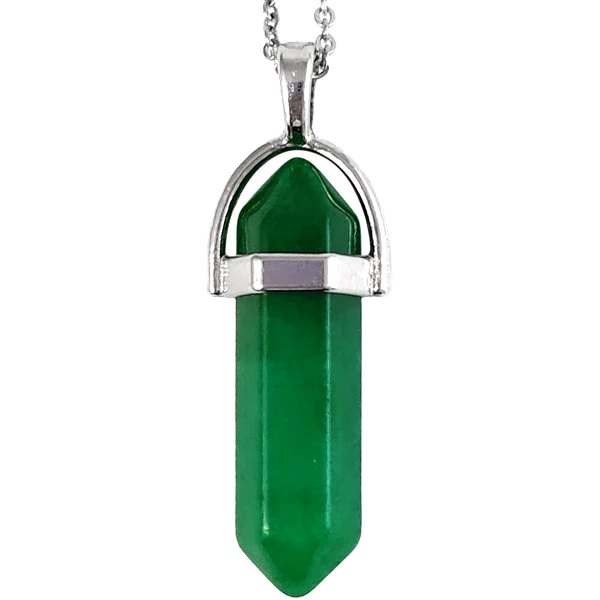 Pandantiv Jad verde, piatra armoniei în set cu lănțisor oțel inoxidabil, cristal natural hexagonal 34 mm dublu vârf 