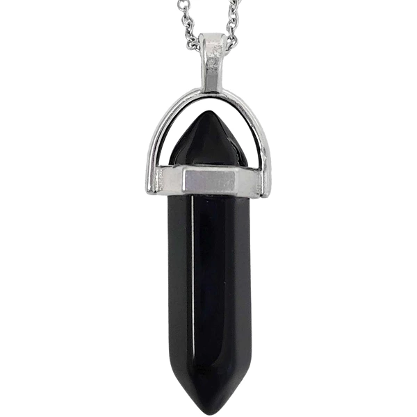 Pandantiv Onix, piatra încrederii în set cu lănțisor oțel inoxidabil, cristal natural hexagonal 34 mm dublu vârf negru