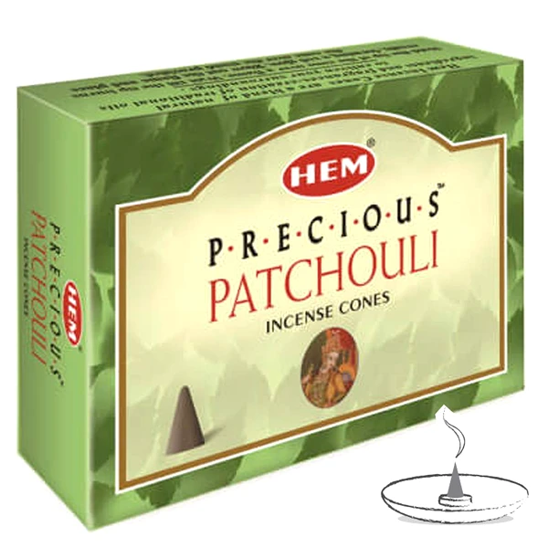 Conuri parfumate Patchouli, gama profesionala HEM Precious, relaxant cu actiune antioxidanta, 10 conuri (25g) aromaterapie suport metalic inclus