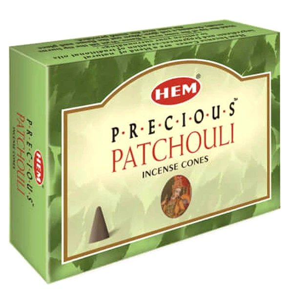 Conuri parfumate Patchouli, gama profesionala HEM Precious,aroma fresh și orientală, 10 conuri (25g) aromaterapie suport metalic inclus