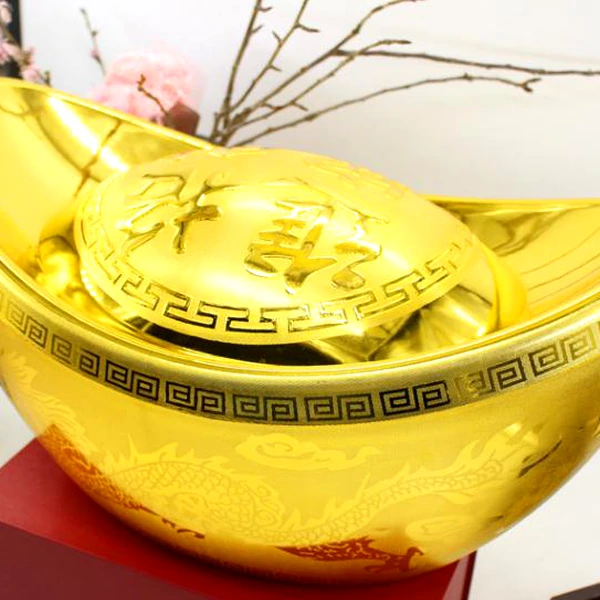 Set 12 bucati Pepite, amuleta feng shui de bani, auriu 5 cm in suport rosu