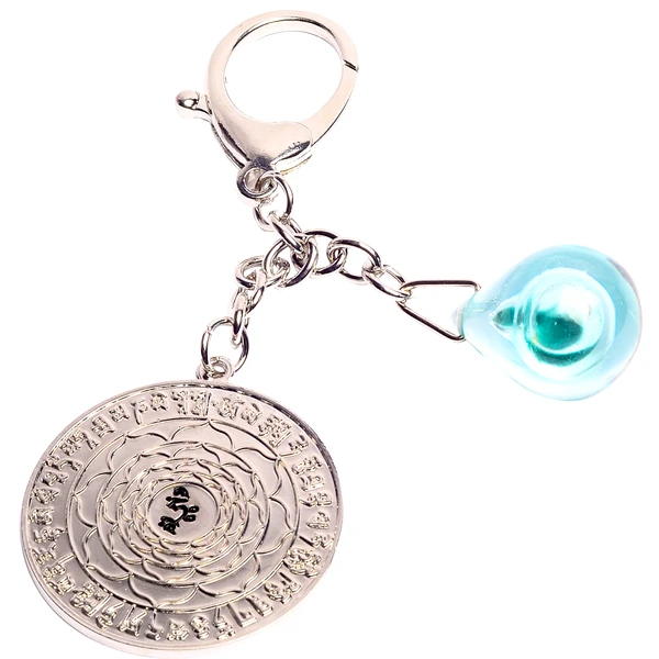 Breloc Lotus și picatură de apă, amuletă feng shui pentru bani cu mantre de protecție bogăție, metal argintiu 14 cm