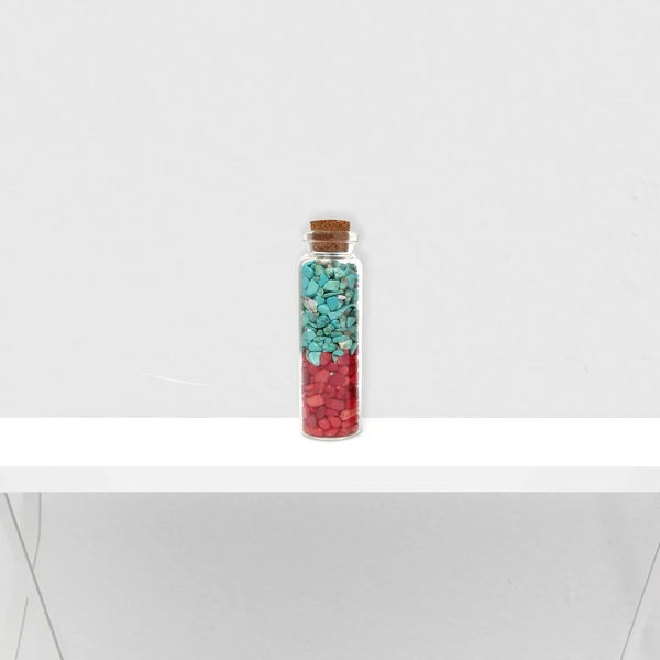 Pietre semipretioase Coral si Turcoase, sticla cilindrica cu dop de pluta, 40g