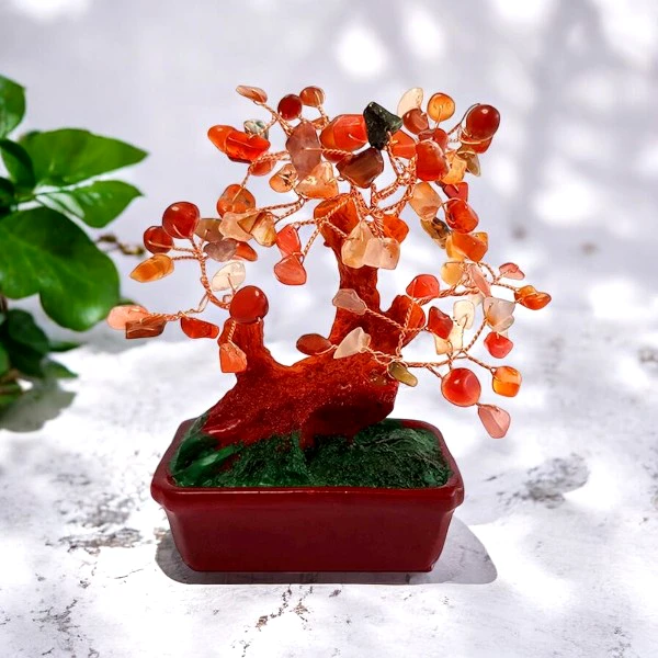 Copac pietre semipretioase Carneol, piatra acțiunii, pom Feng Shui cu ghiveci 16 cm rosu