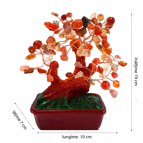 Copacei decorativi carneol, piatra contra energiilor negative, copacel Feng Shui cristale in suport ghiveci 16 cm rosu