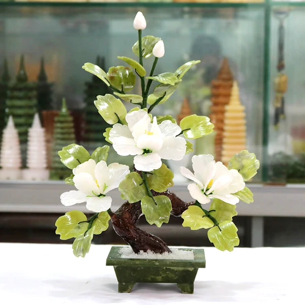 Copac pietre semipretioase Jad cu 3 bujori mari, floarea dragostei, copac feng shui 30 cm verde