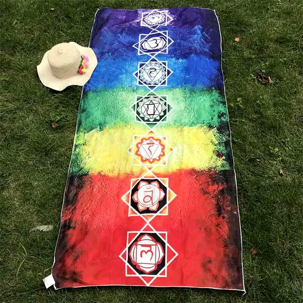 Prosop 7 chakra culori si ideograme, pentru saltea de yoga, cu absorbtie ridicata si moale la atingere, 150 cm