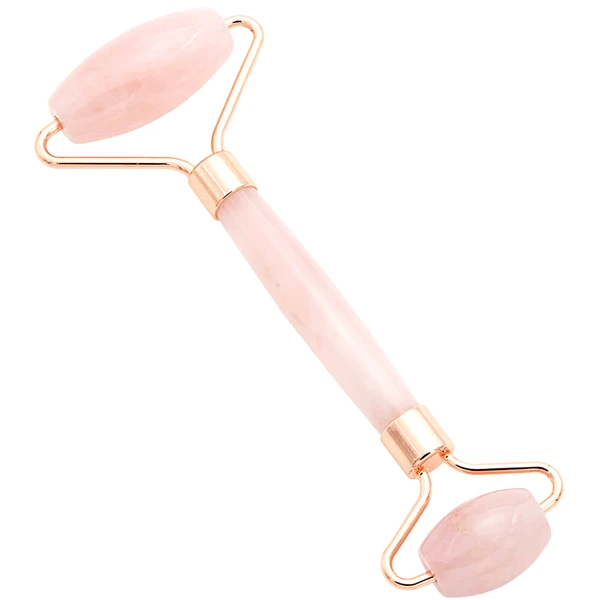 Rola masaj facial cuart roz, dispozitiv cu 2 role piatra semipretioasa pentru elasticitate piele si stimulare, 15 cm