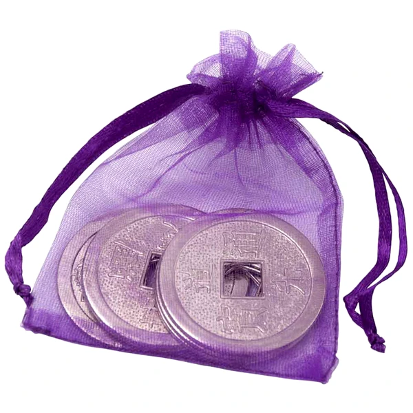 Sac cu 8 monede chinezesti argintii 40 mm, set amulete bani pentru bunastare si armonie