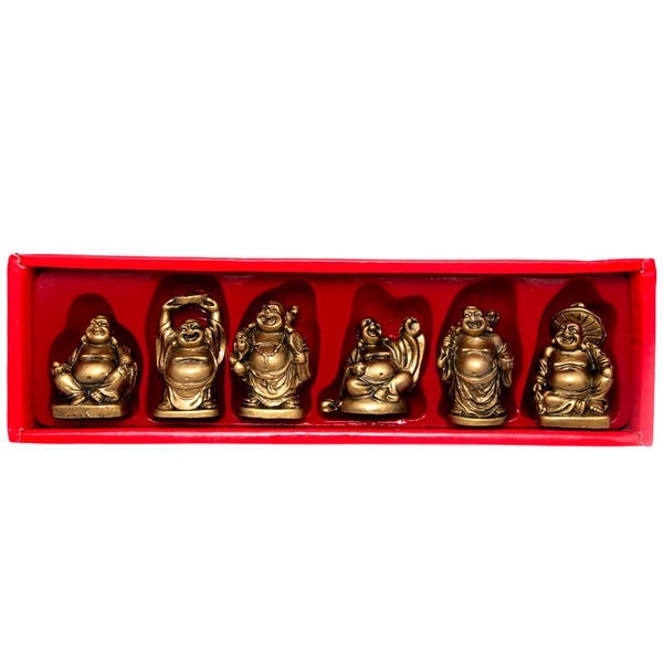 Set 6 Buddha veseli in cutie rosie, simbol al fericirii, mini statuete feng shui auriu