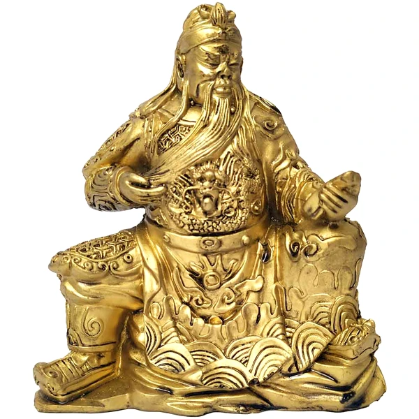 Statuetă înțelept Kuan Kung, obiect feng shui pentru câștiguri în afaceri și bogăție, rășină aurie 12 cm