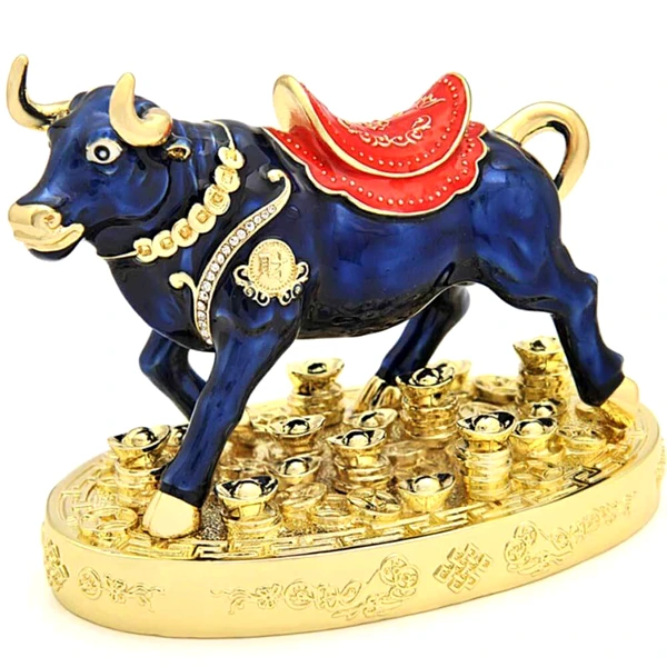 Statueta Bivol cu pepite aurii, obiect feng shui pentru noroc si avere, metal albastru