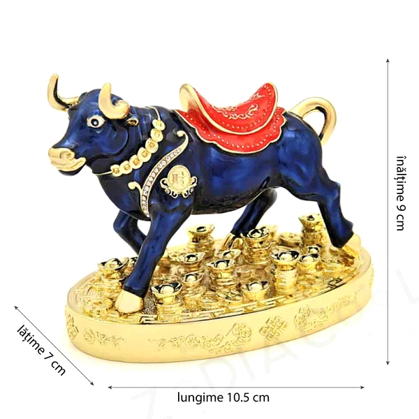 Statueta Bivol cu pepite aurii, obiect feng shui pentru noroc si avere, metal albastru