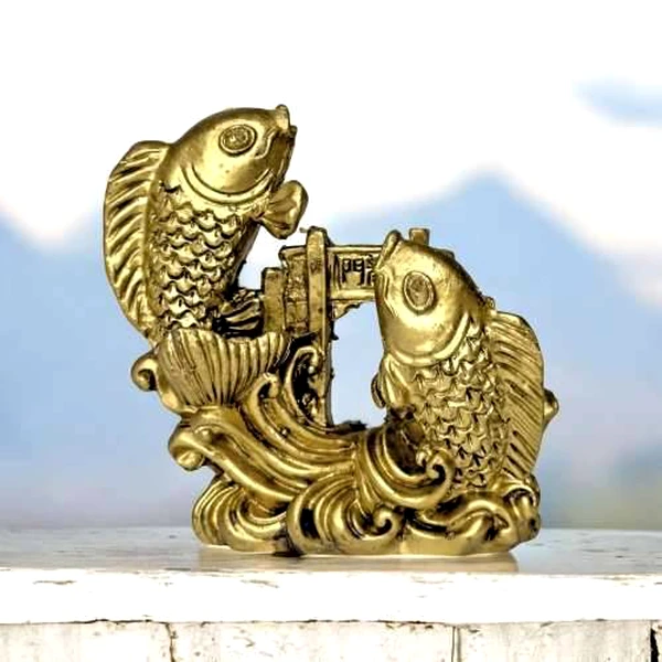 Statueta Doi Pesti Poarta Dragon, pentru noroc la bani, 7 cm auriu