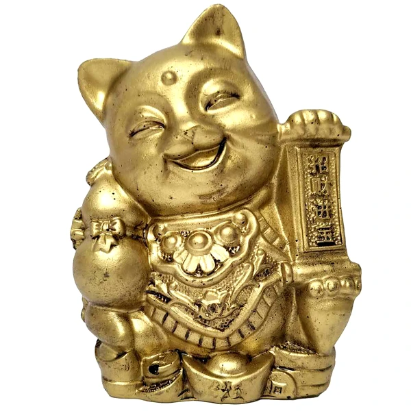 Pisica Maneki Neko pe pepite, remediu feng shui pentru protecție și prosperitate, rășină aurie 8 cm