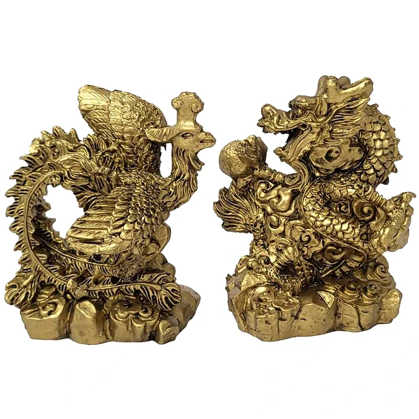 Phoenix cu Dragon, set 2 statuete feng shui puternice pentru dragoste, casnicie fericita si de durata, auriu