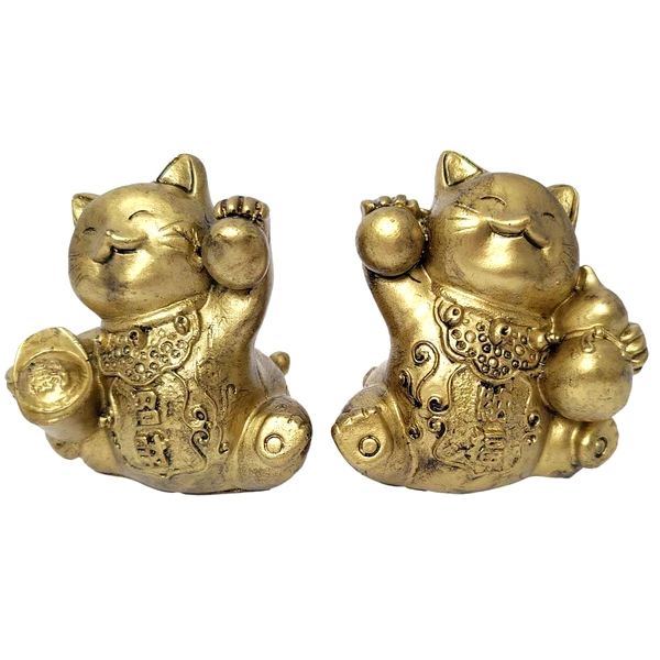 Pereche pisici maneki, obiect feng shui pentru noroc și bunăstare, rășină aurie 6 cm