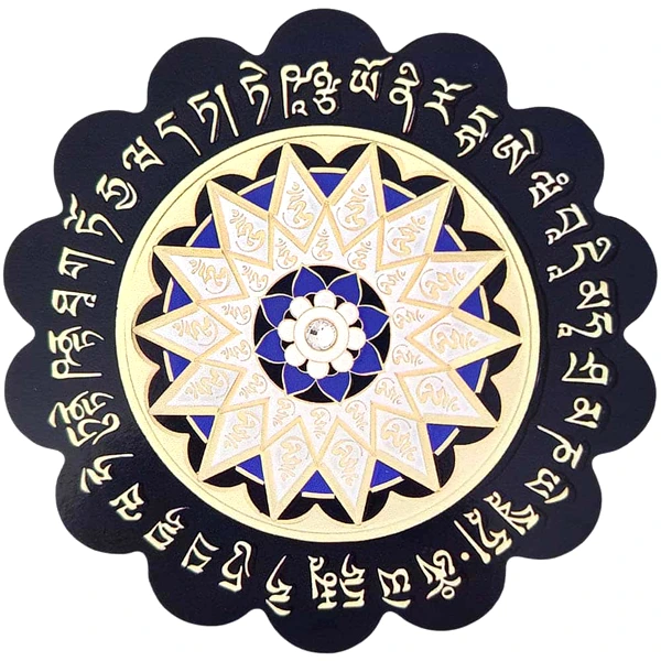 Sticker 28 Silabe Hum cu Lotus, autocolant feng shui protectie gelozie si invidie, diametru mare 11 cm, negru