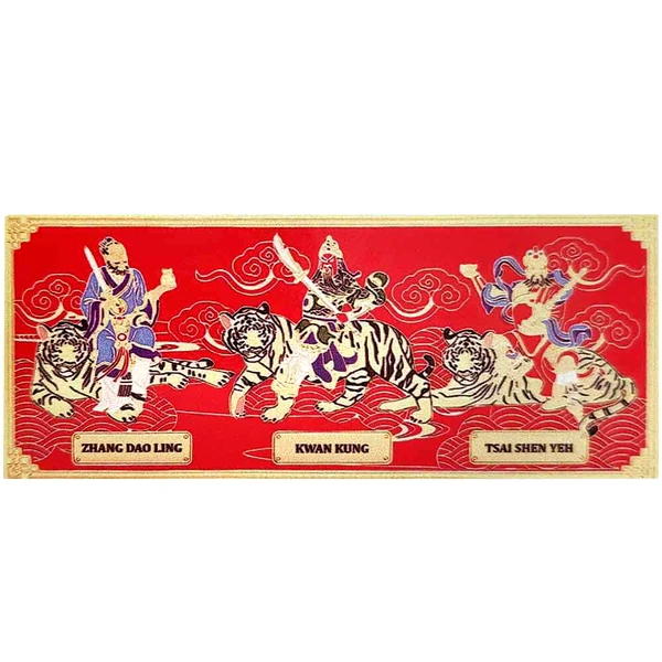 Sticker Trei Tigri, Placa cu cei 3 Zei pe Tigri pentru prosperitatea casei si afacerilor, autocolant rosu 10cm