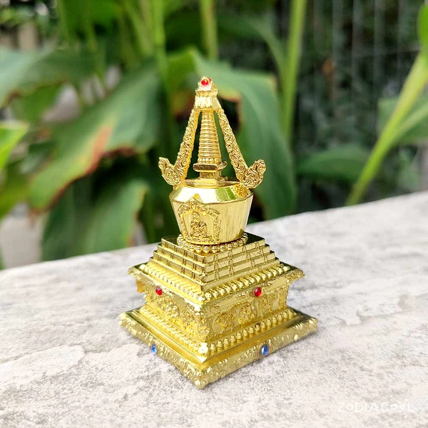 Stupa Feng Shui pentru armonie, amuleta impotriva violentei si situatiilor de conflict in dragoste, obiect decor metal auriu 80mm
