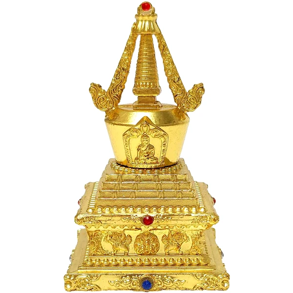Stupa Feng Shui pentru armonie, amuleta impotriva violentei si situatiilor de conflict in dragoste, obiect decor metal auriu 80mm