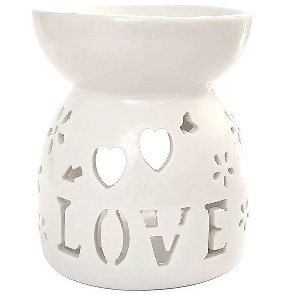 Lampa aromaterapie Love, suport pentru uleiuri esentiale si lumanari, vas ceramica alb