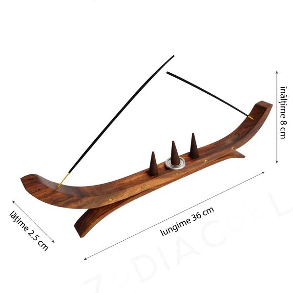 Suport ardere betisoare si conuri parfumate cu insertie metalica stelute, 2 suporturi pentru bete si 1 pentru conuri, lemn, 8 cm maro