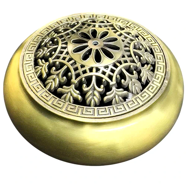 Suport conuri parfumate model floare de crin, set vas arzator pentru tamaie si spirale, metal bronz premium
